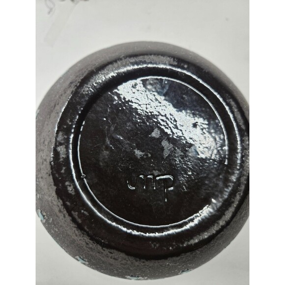 Black Ceramic Bowl Pot w/Blue Squares Geometric Signed Vtg MCM Blackware Native? - Picture 5 of 16